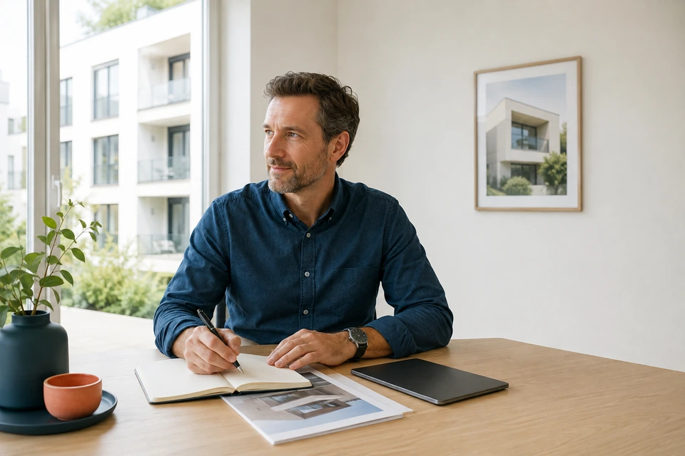 Symbolische Arbeitssituation bei der Vorbereitung eines Immobilientermins.